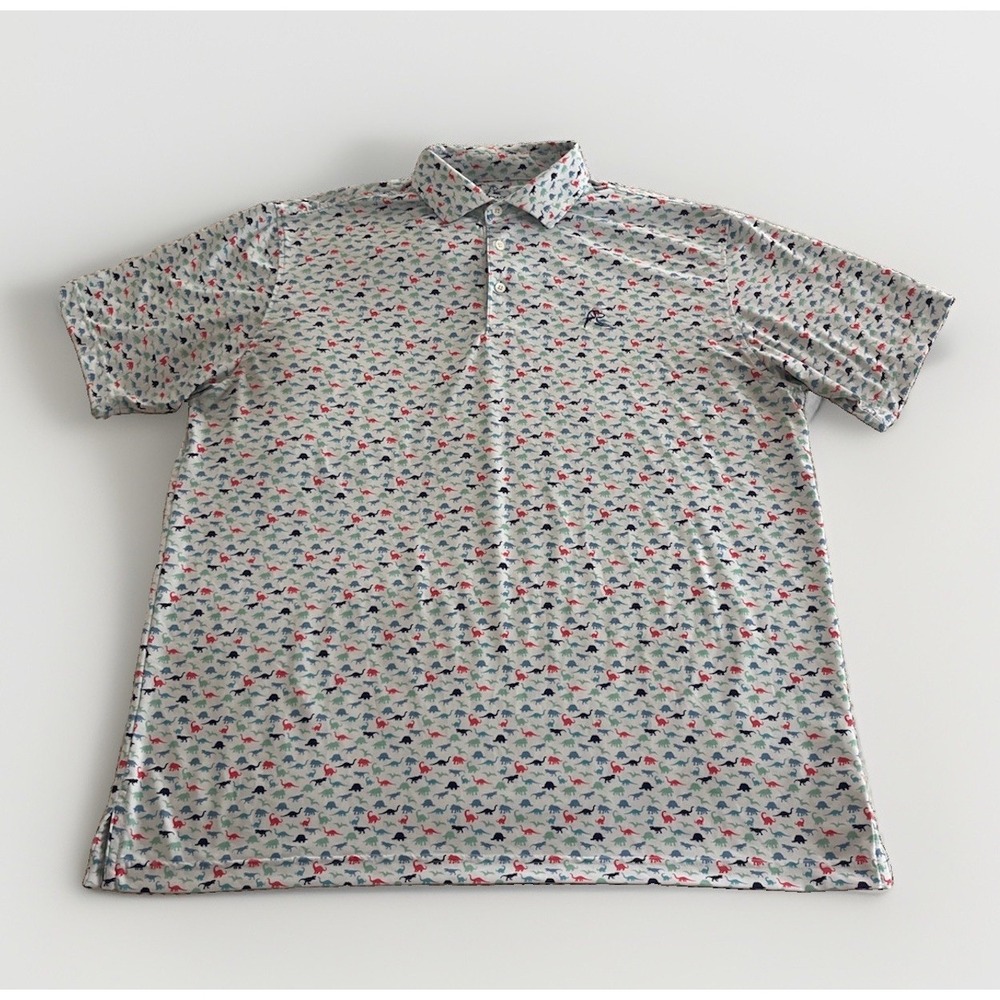 Rhoback Polo Shirt Mens XL Jurassic Dinosaur Print Stretch Performance Golf